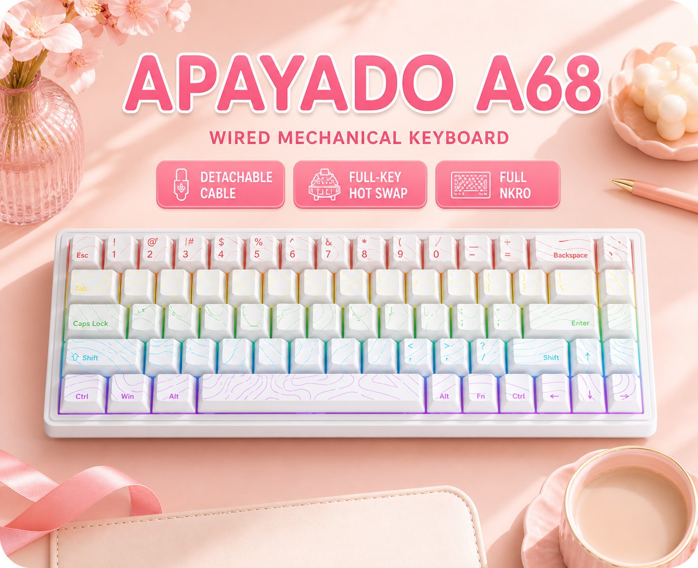 Keyboard Gaming Blue Switch - Clavier mécanique filaire APAYADO A68, commutateurs