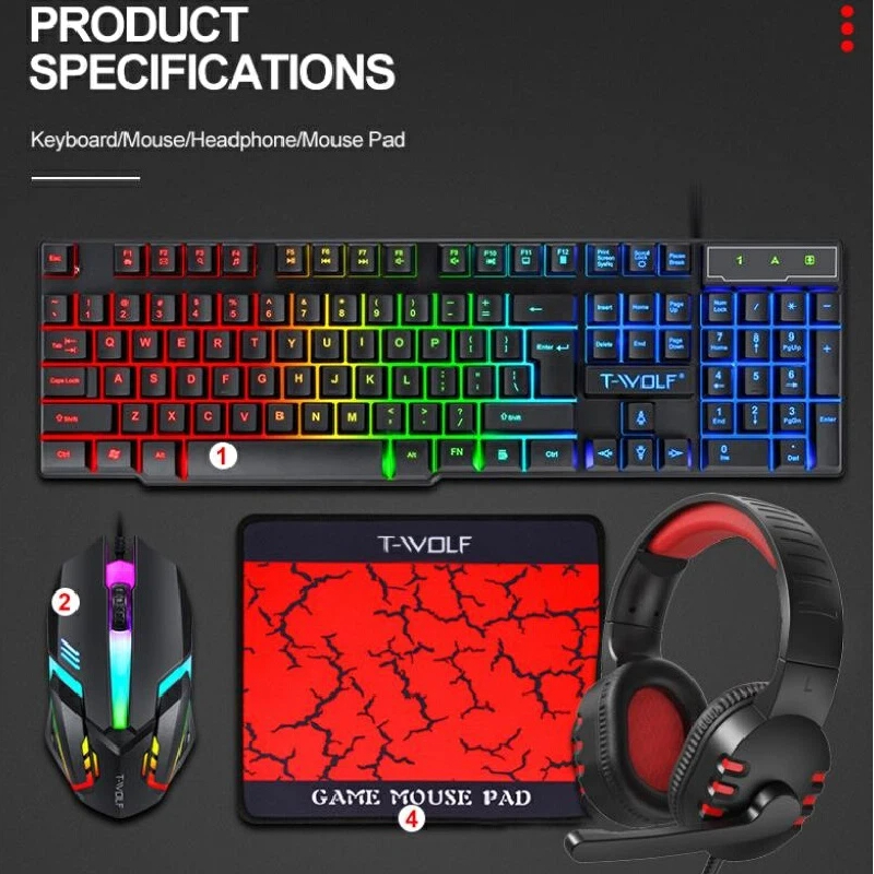 Gaming Keyboard Mouse And Headset Combo - Combo Gaming 4-en-1 avec Clavier RVB
